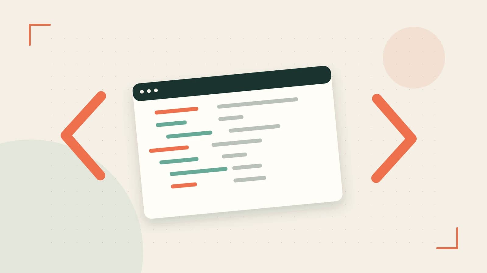 Editorial illustration of an abstract code editor, syntax blocks and oversized programming brackets