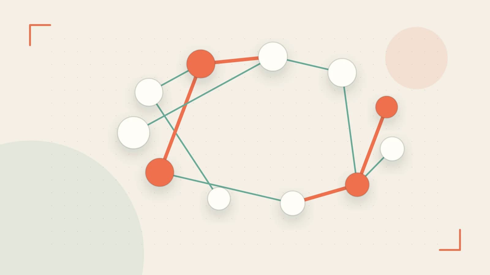 Editorial illustration of an algorithmic node graph with branching paths and a highlighted result