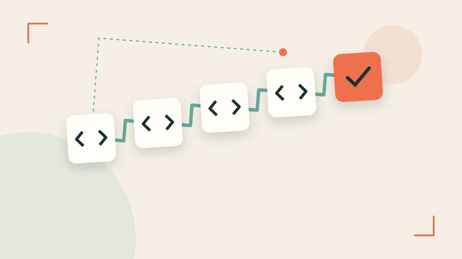 Editorial illustration of a branching build pipeline, staged transformations and a completed check
