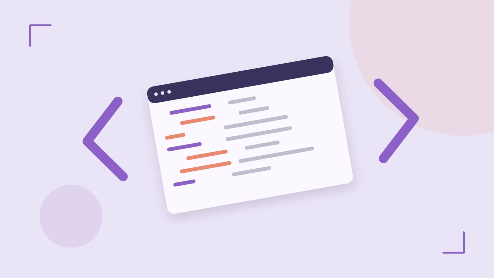 Editorial illustration of an abstract code editor, syntax blocks and oversized programming brackets