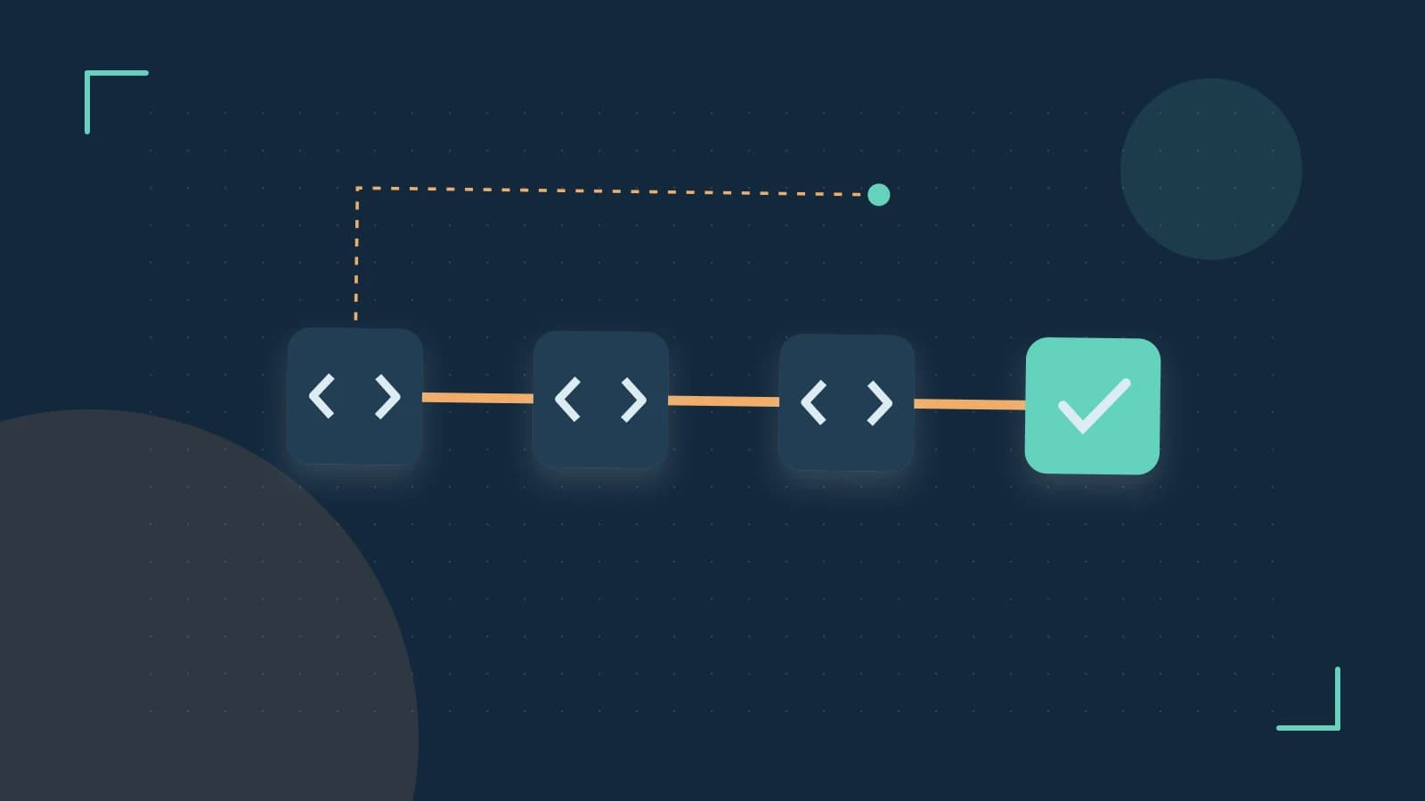 Editorial illustration of a branching build pipeline, staged transformations and a completed check