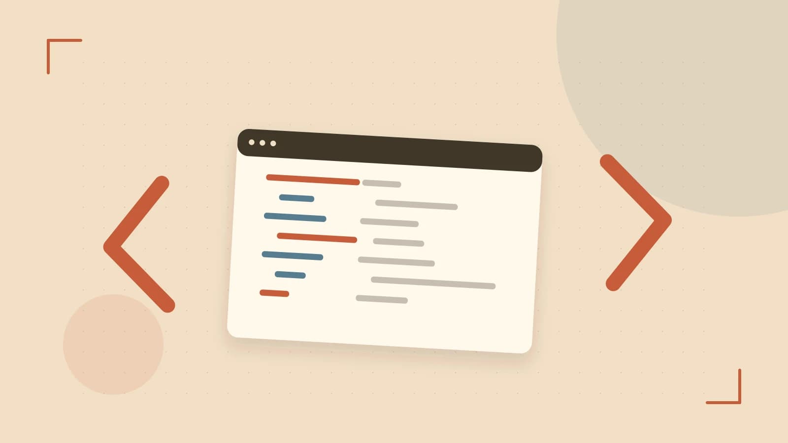 Editorial illustration of an abstract code editor, syntax blocks and oversized programming brackets