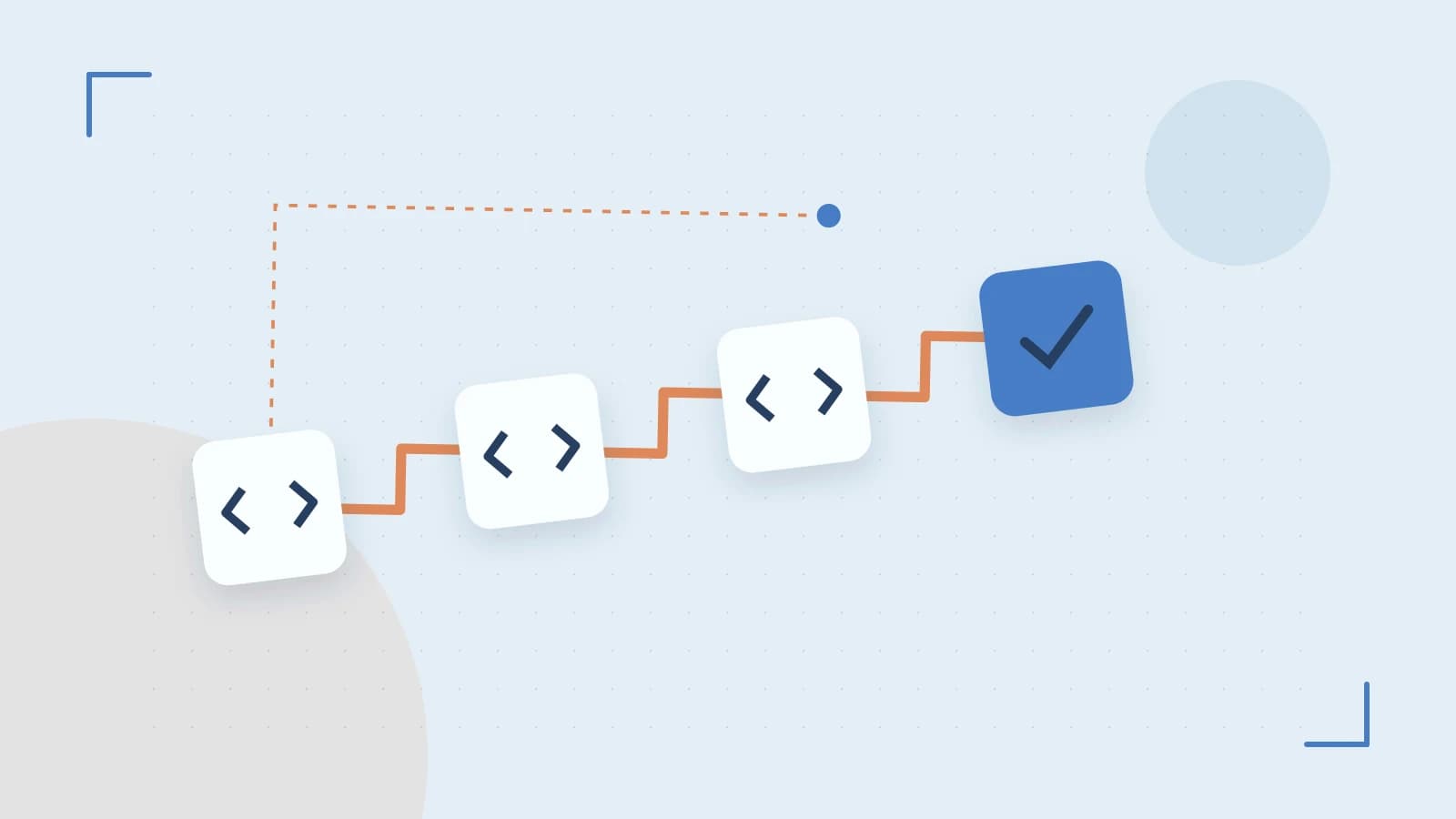 Editorial illustration of a branching build pipeline, staged transformations and a completed check