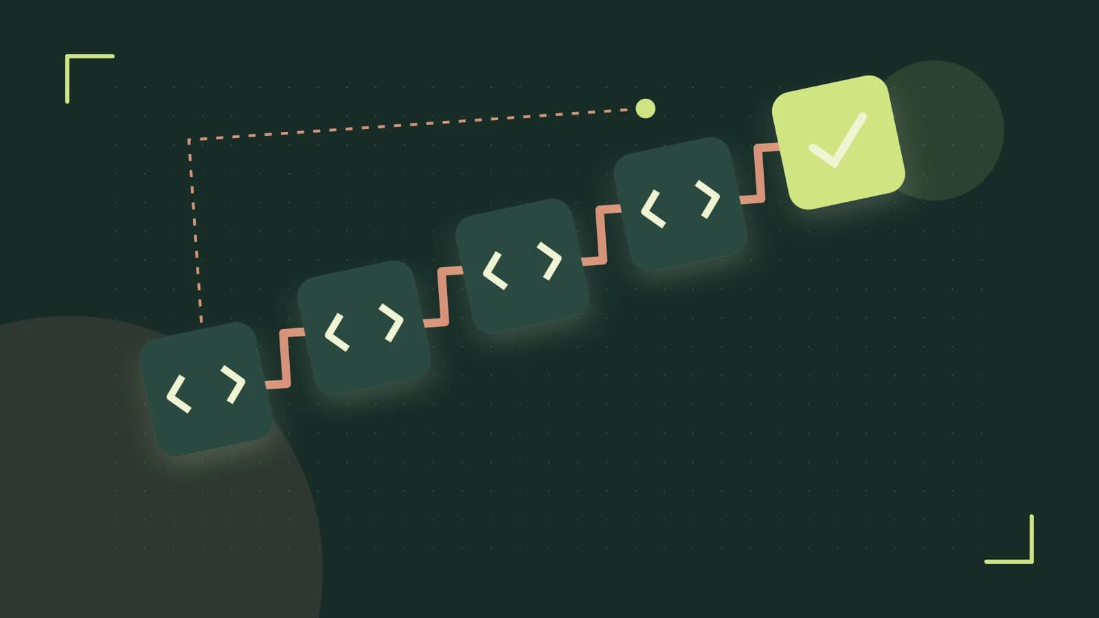 Editorial illustration of a branching build pipeline, staged transformations and a completed check