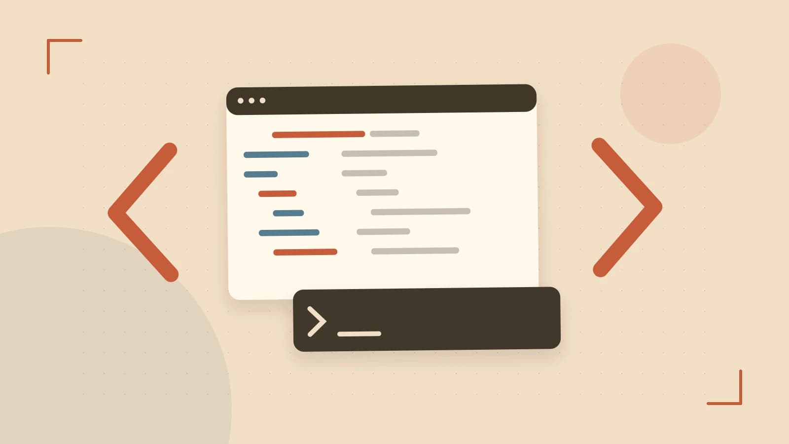 Editorial illustration of an abstract code editor, syntax blocks and oversized programming brackets
