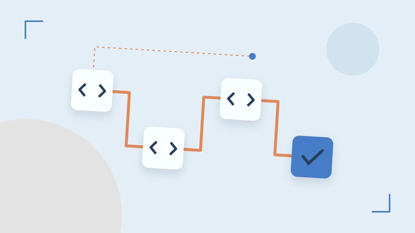 Editorial illustration of a branching build pipeline, staged transformations and a completed check