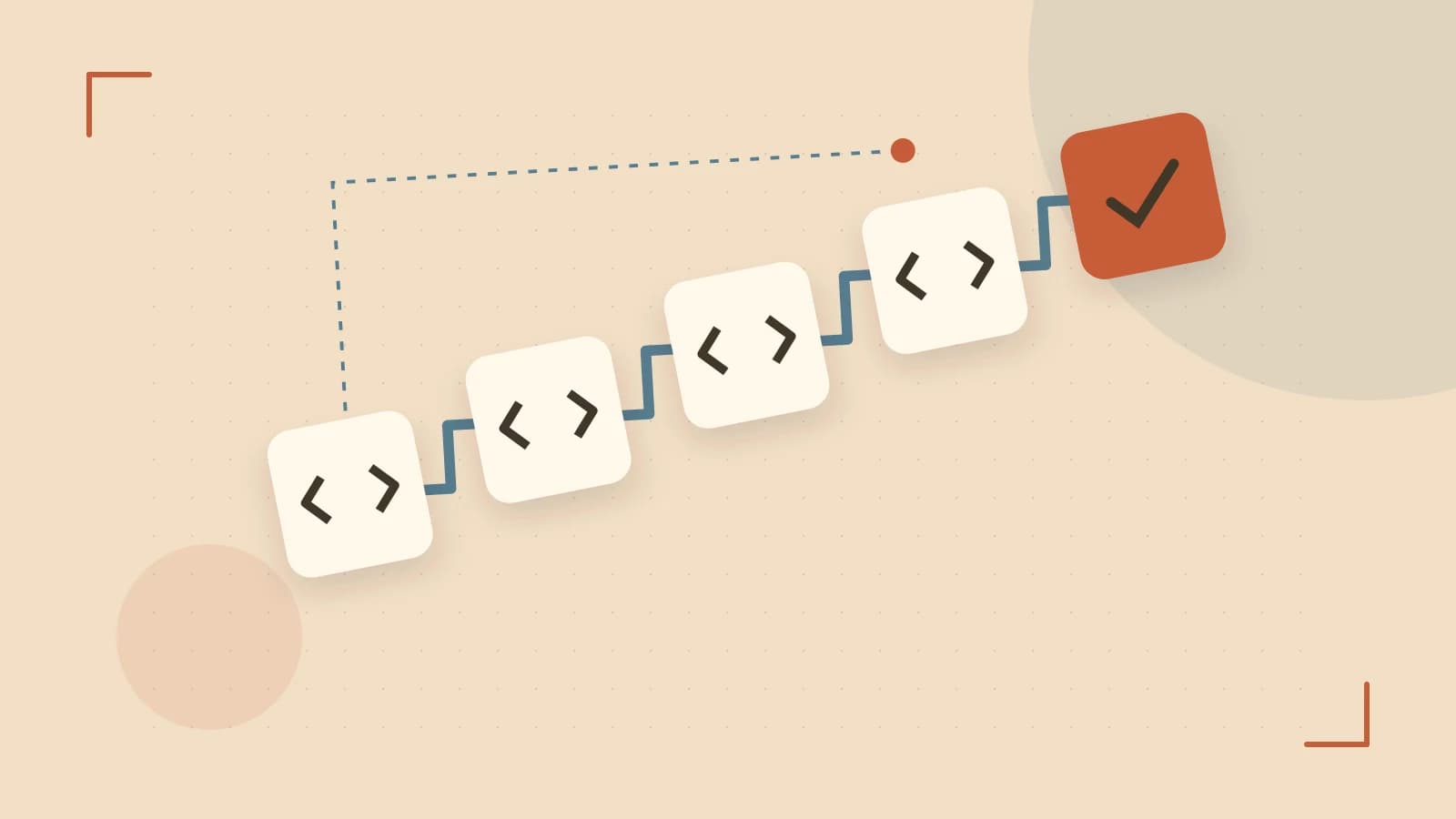 Editorial illustration of a branching build pipeline, staged transformations and a completed check