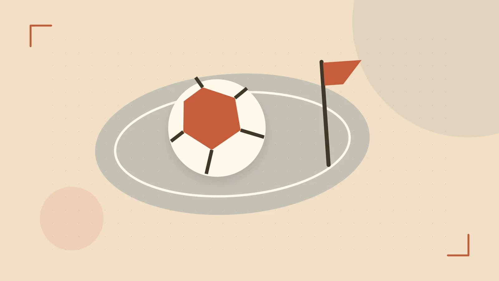 Editorial illustration of a stylized sports ball, stadium geometry and dynamic arcs