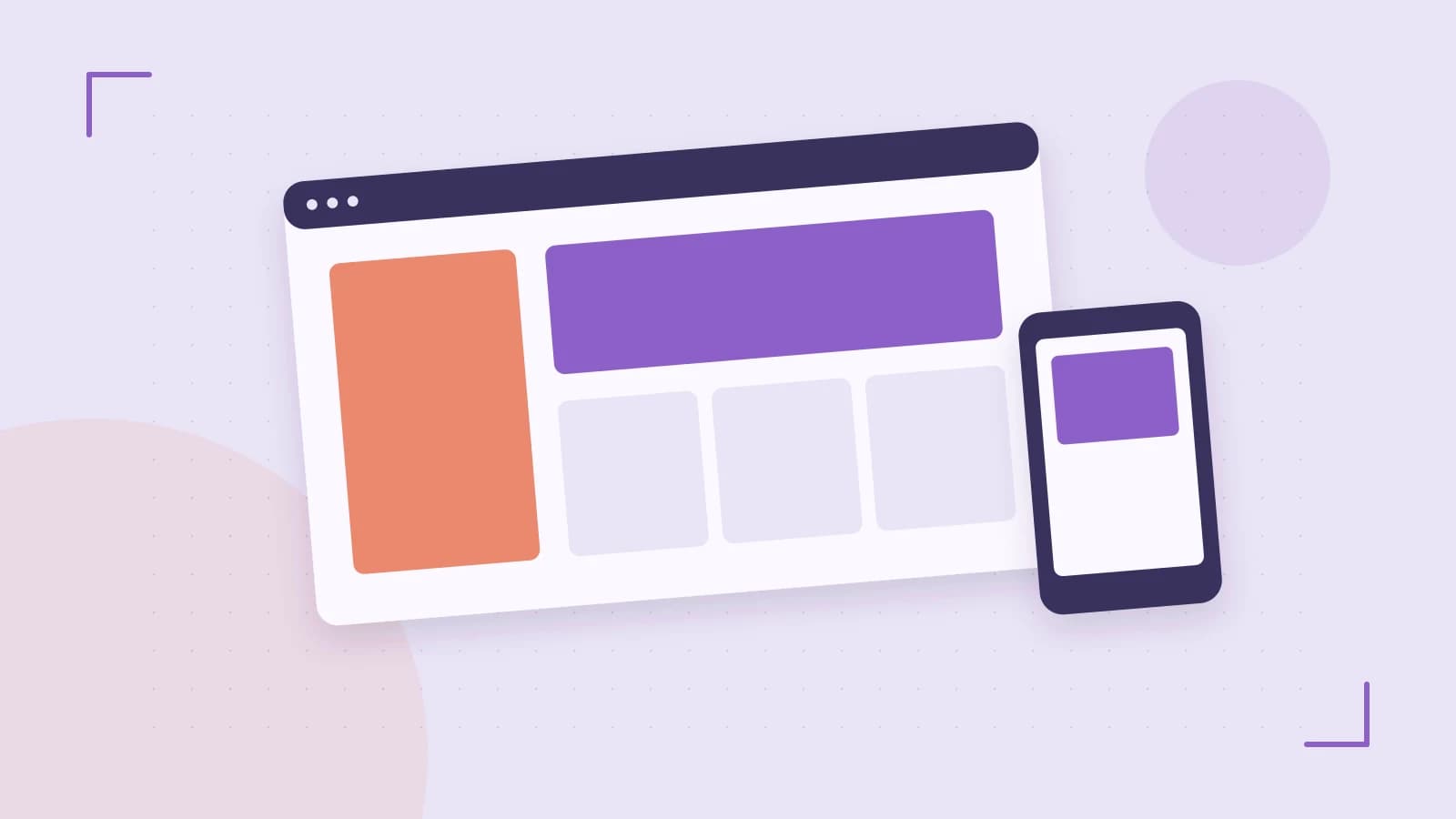 Editorial illustration of responsive browser layouts, overlapping design components and a color system