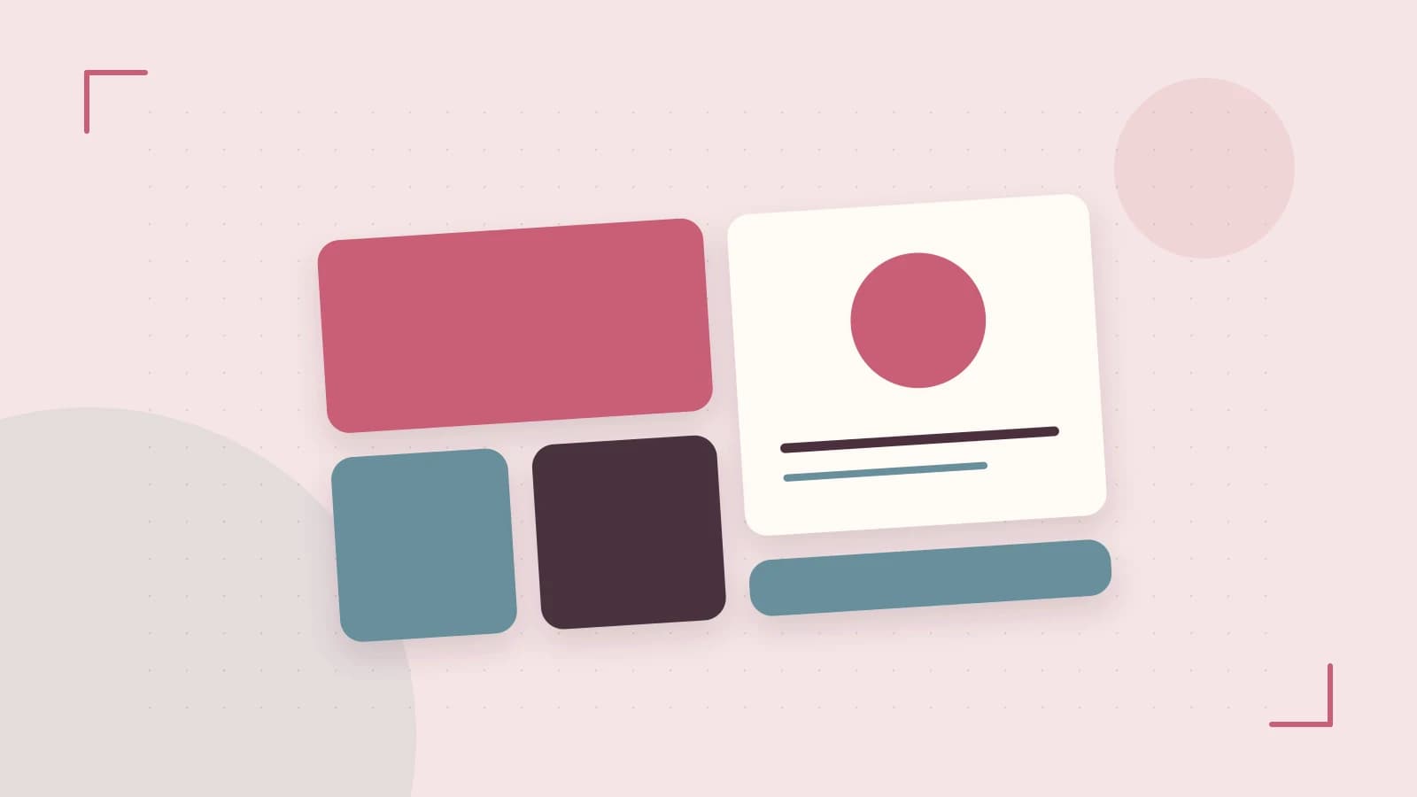 Editorial illustration of responsive browser layouts, overlapping design components and a color system