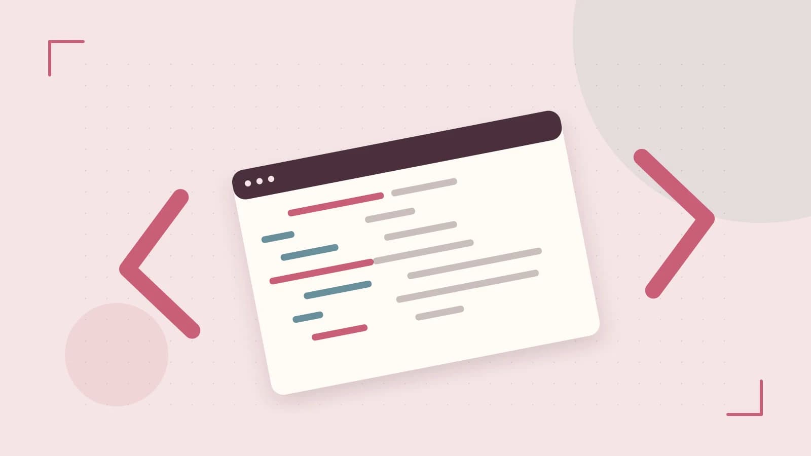 Editorial illustration of an abstract code editor, syntax blocks and oversized programming brackets