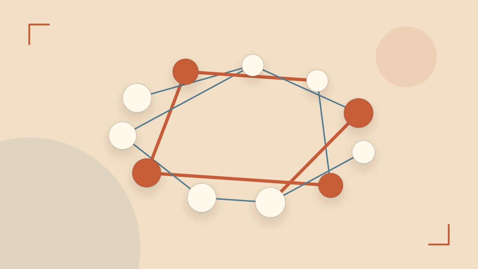 Editorial illustration of an algorithmic node graph with branching paths and a highlighted result