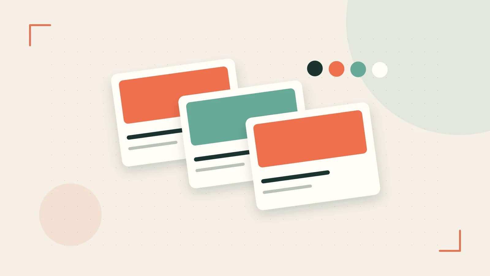 Editorial illustration of responsive browser layouts, overlapping design components and a color system