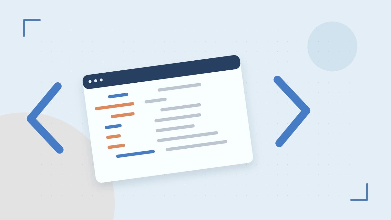 Editorial illustration of an abstract code editor, syntax blocks and oversized programming brackets