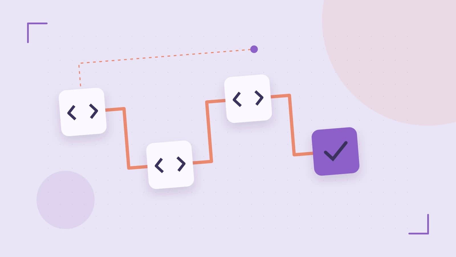 Editorial illustration of a branching build pipeline, staged transformations and a completed check