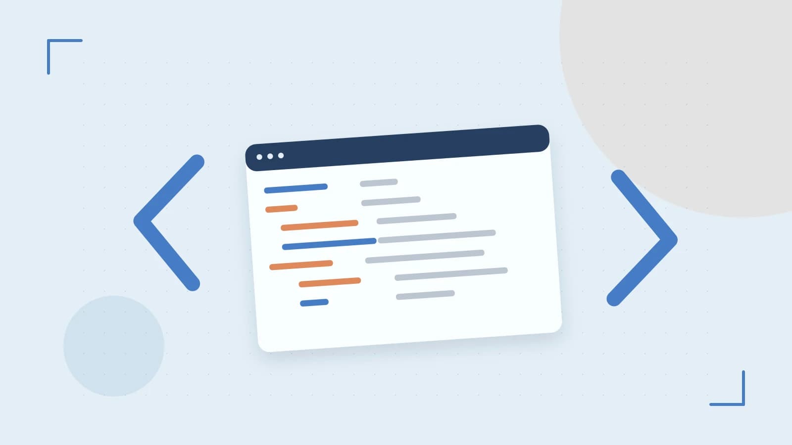 Editorial illustration of an abstract code editor, syntax blocks and oversized programming brackets