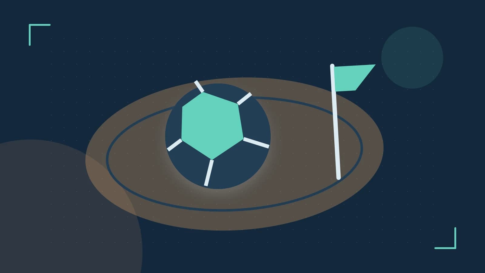 Editorial illustration of a stylized sports ball, stadium geometry and dynamic arcs