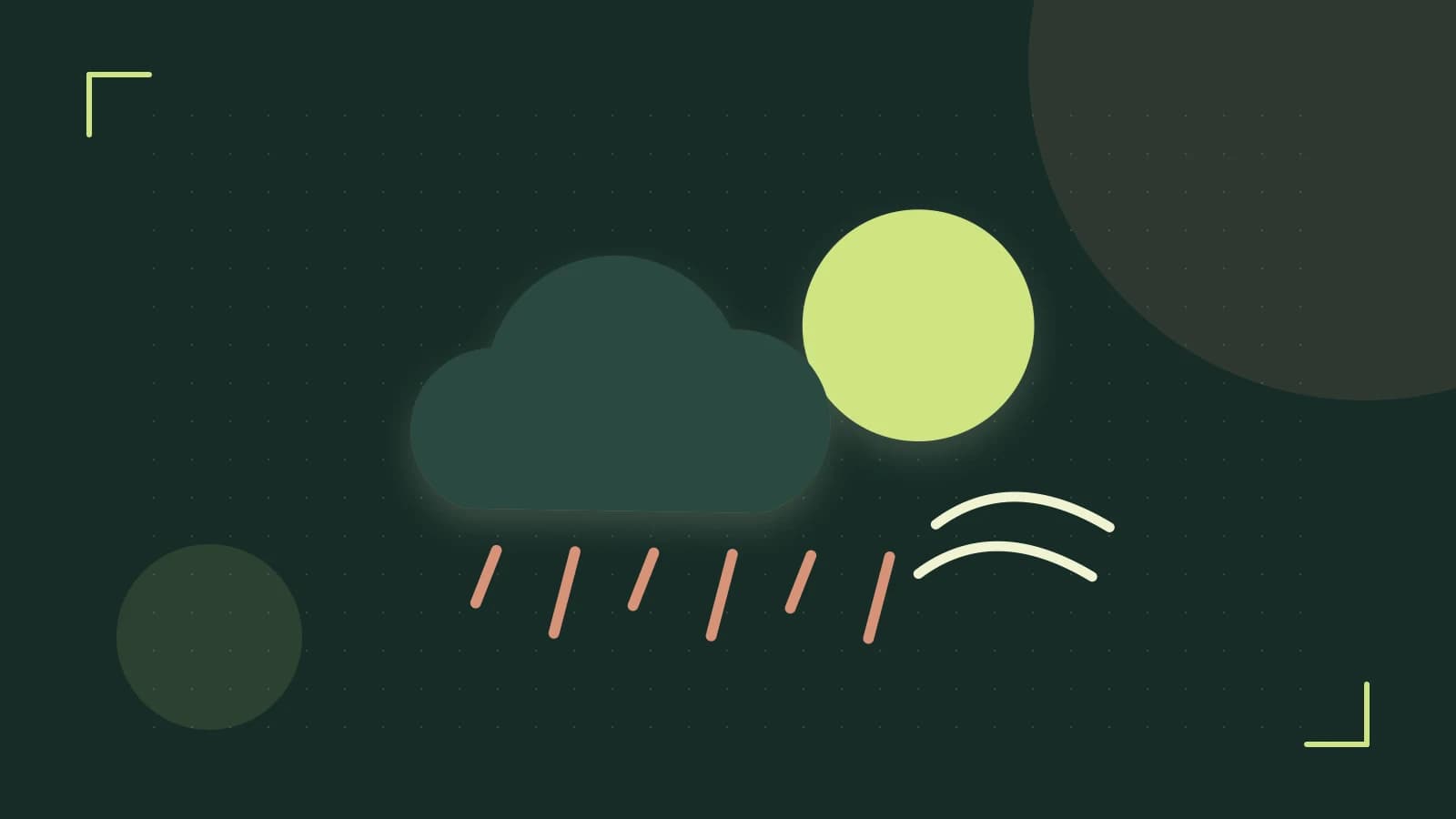 Editorial illustration of a sun, layered clouds, raindrops and flowing weather patterns