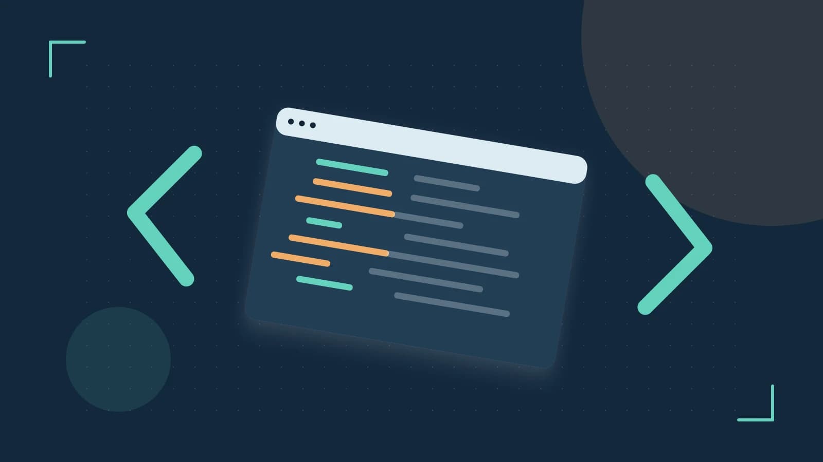 Editorial illustration of an abstract code editor, syntax blocks and oversized programming brackets