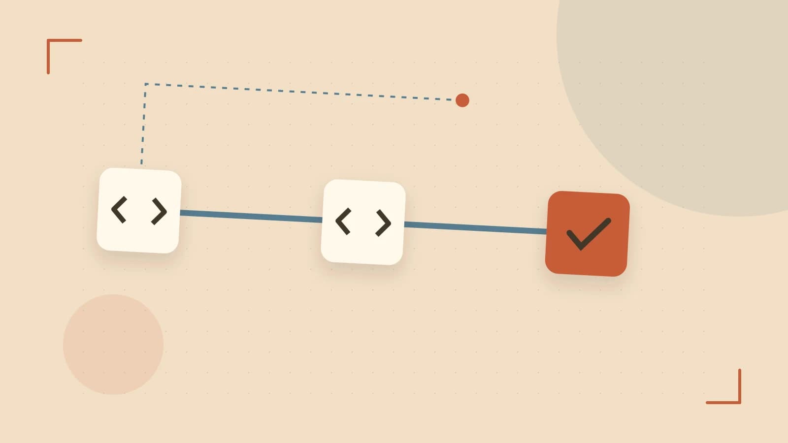 Editorial illustration of a branching build pipeline, staged transformations and a completed check