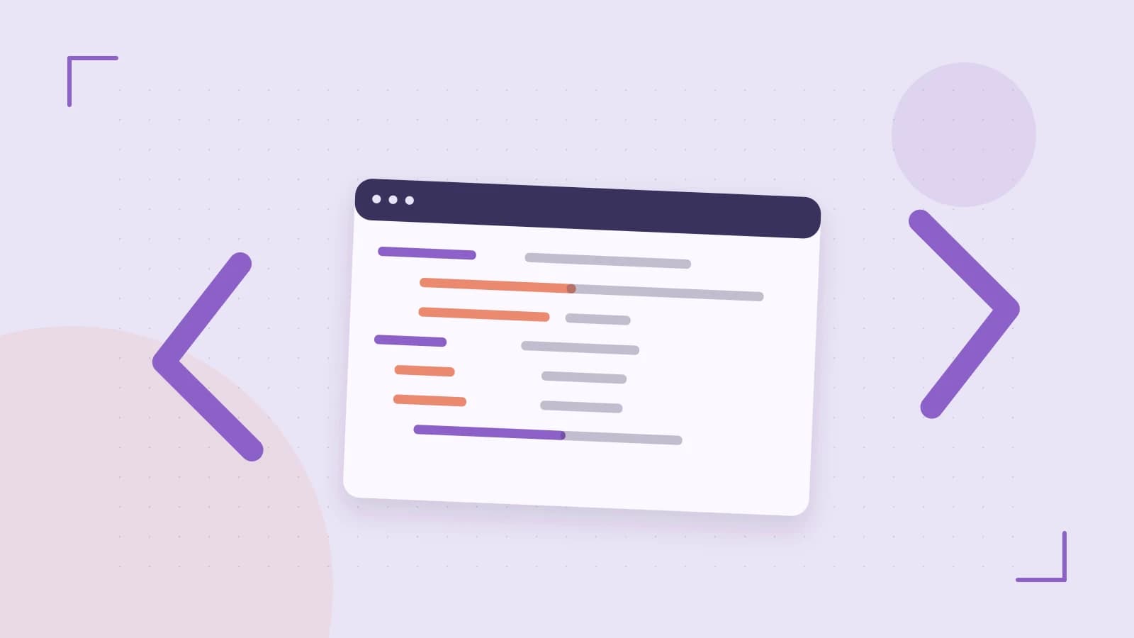 Editorial illustration of an abstract code editor, syntax blocks and oversized programming brackets