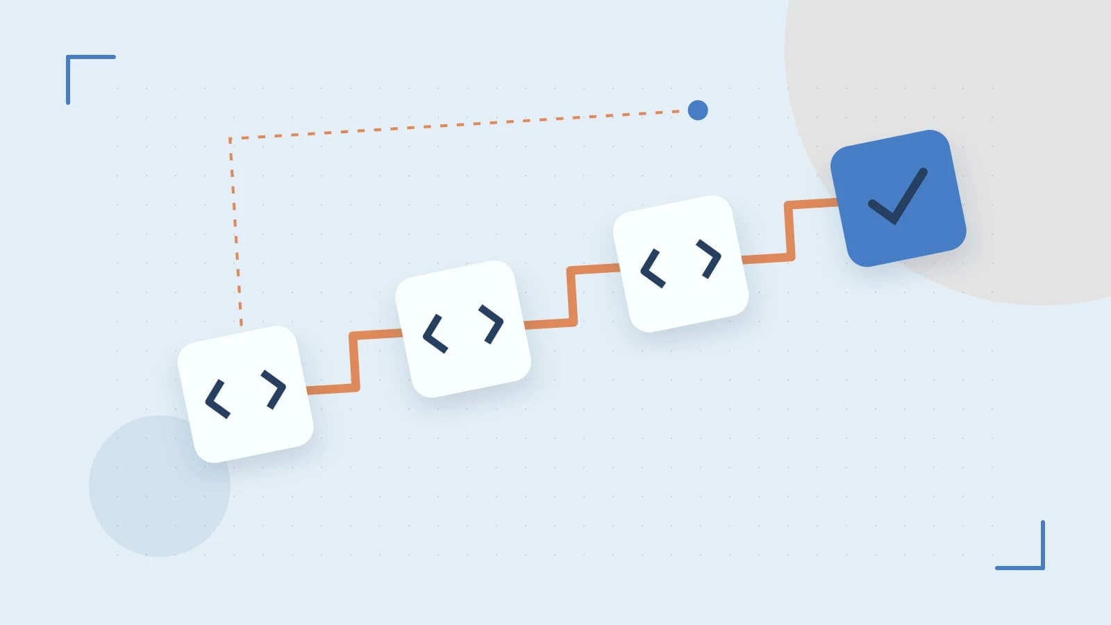 Editorial illustration of a branching build pipeline, staged transformations and a completed check