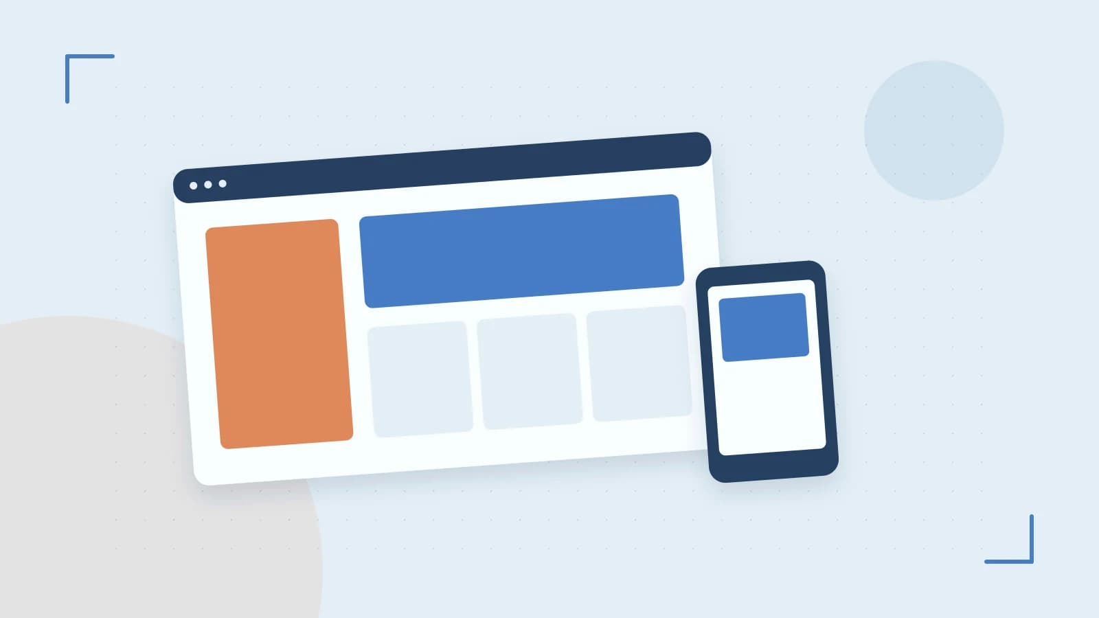 Editorial illustration of responsive browser layouts, overlapping design components and a color system