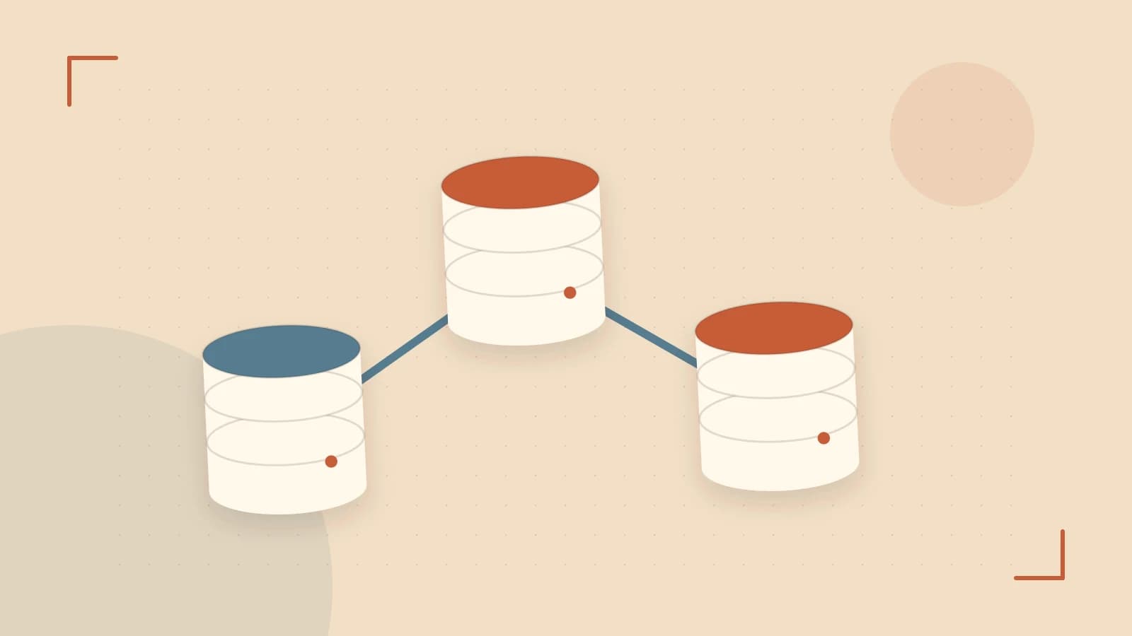 Editorial illustration of structured records, database cylinders and relationships between tables