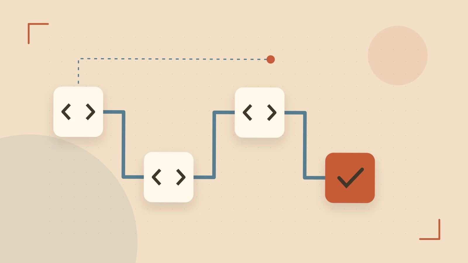 Editorial illustration of a branching build pipeline, staged transformations and a completed check