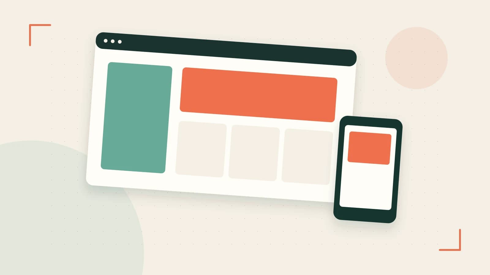 Editorial illustration of responsive browser layouts, overlapping design components and a color system