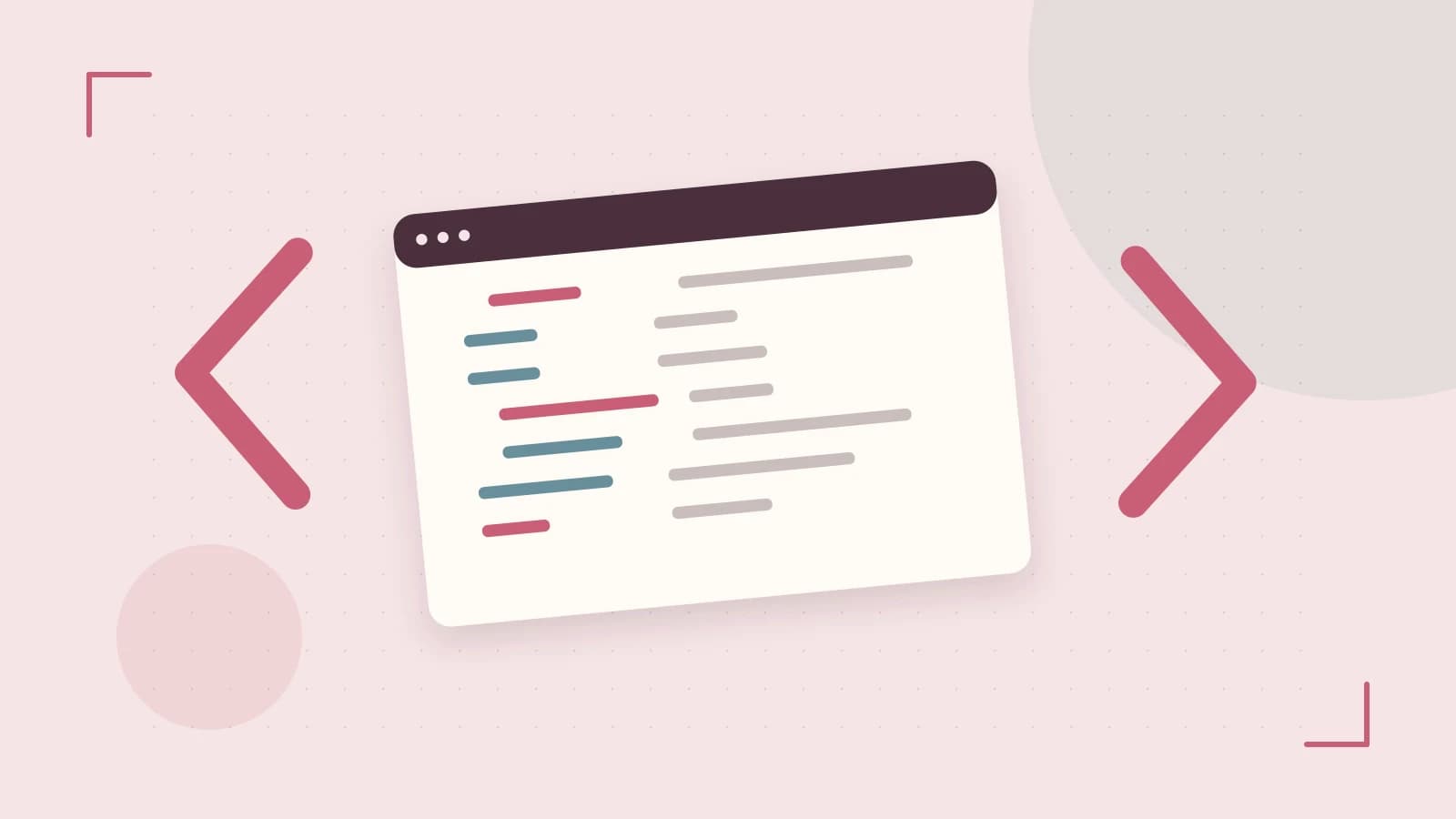 Editorial illustration of an abstract code editor, syntax blocks and oversized programming brackets