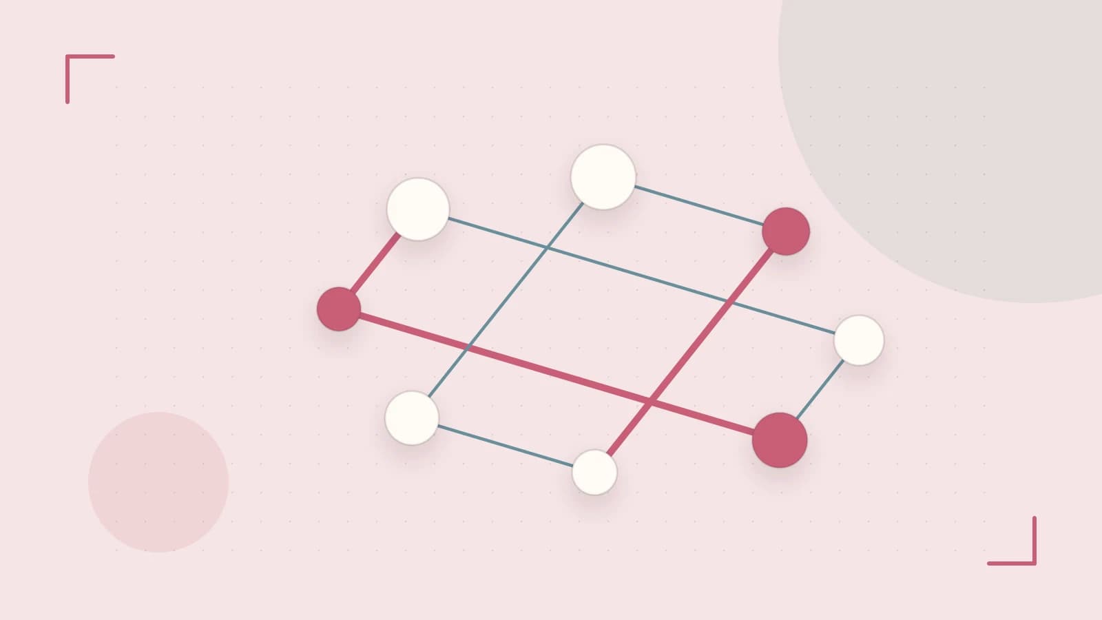 Editorial illustration of an algorithmic node graph with branching paths and a highlighted result