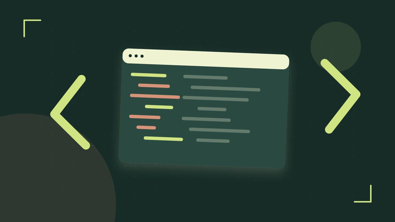 Editorial illustration of an abstract code editor, syntax blocks and oversized programming brackets