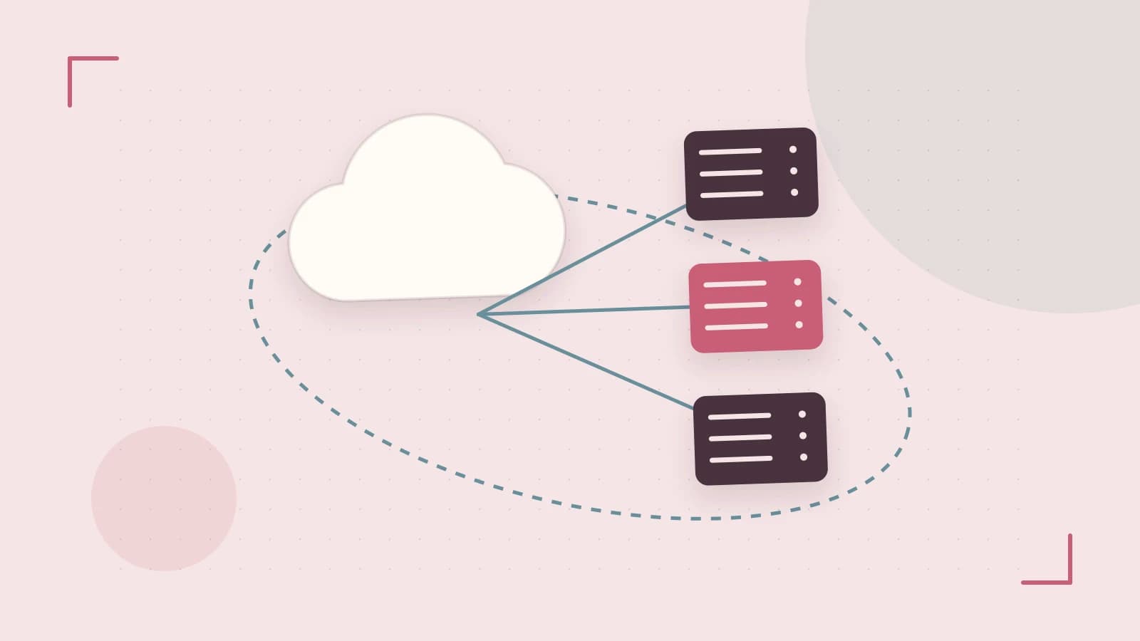 Editorial illustration of cloud infrastructure, connected server racks and an orbital service map