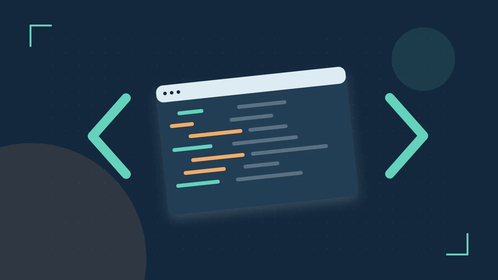 Editorial illustration of an abstract code editor, syntax blocks and oversized programming brackets