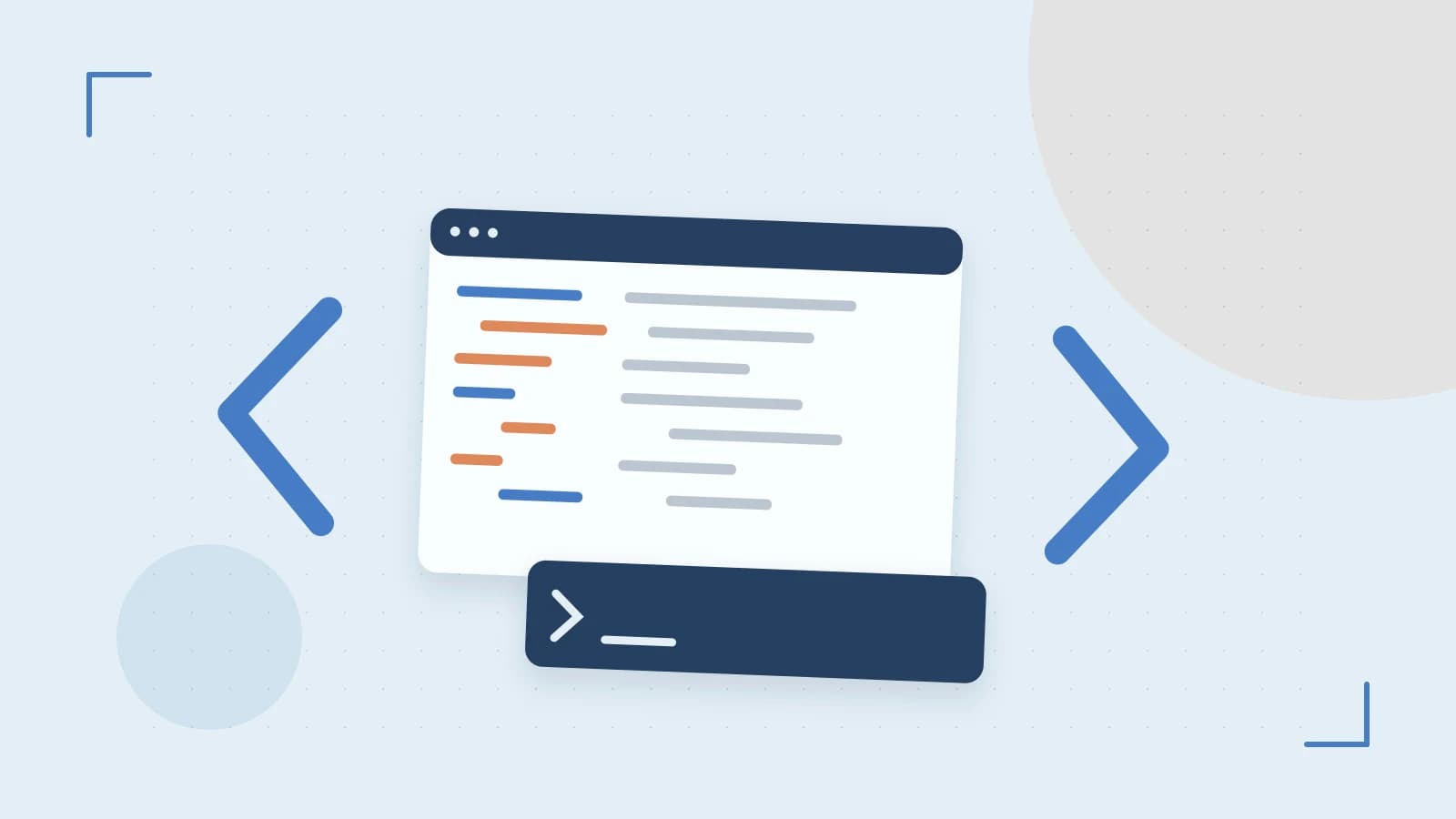 Editorial illustration of an abstract code editor, syntax blocks and oversized programming brackets