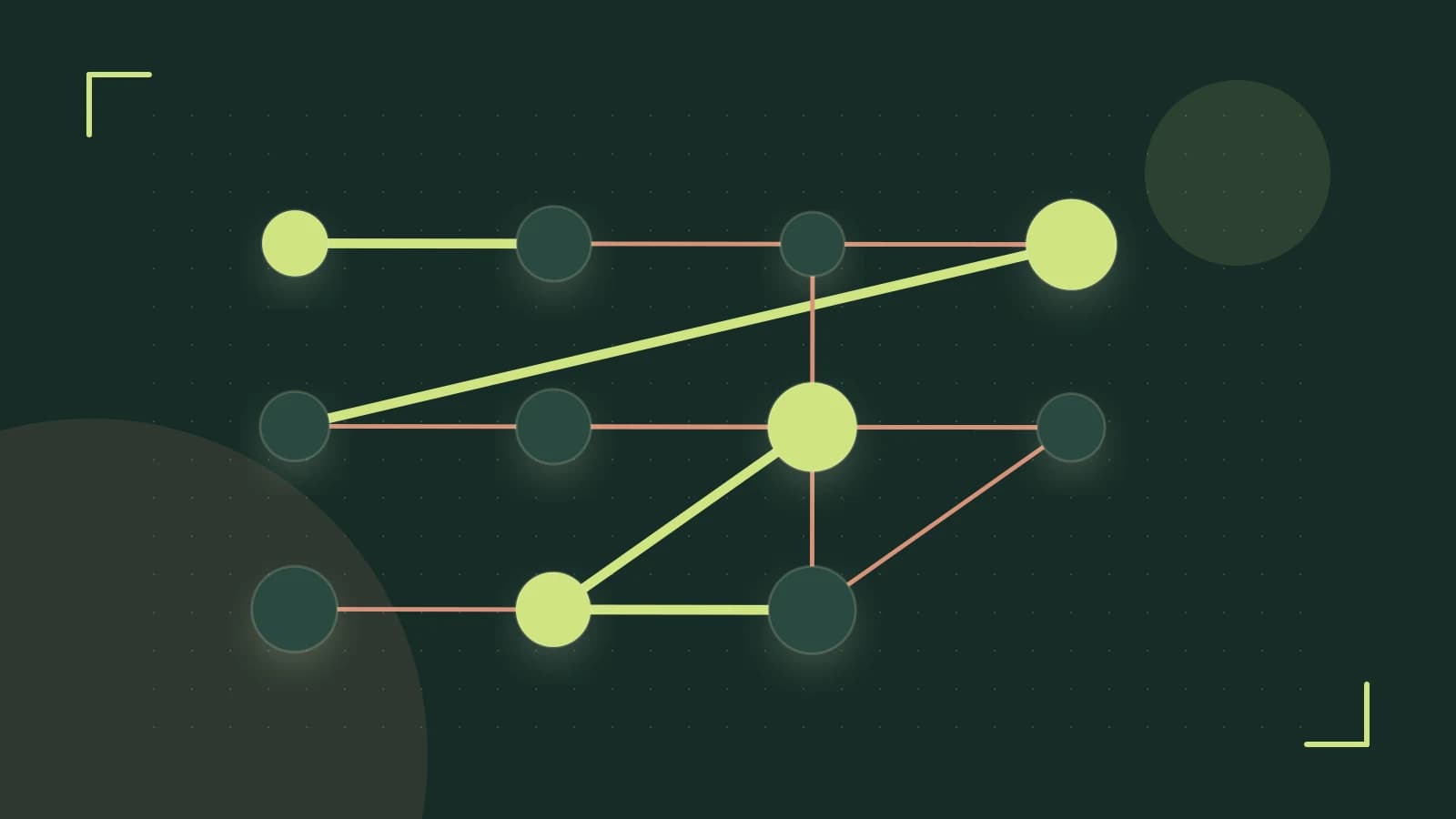 Editorial illustration of an algorithmic node graph with branching paths and a highlighted result
