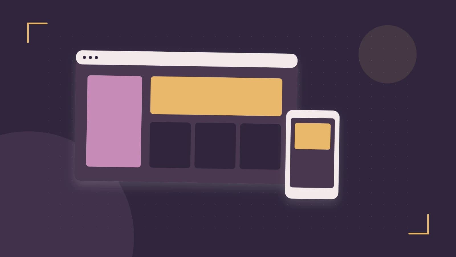 Editorial illustration of responsive browser layouts, overlapping design components and a color system