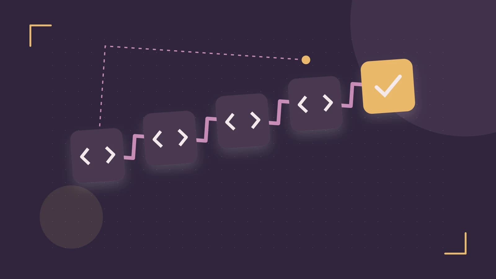 Editorial illustration of a branching build pipeline, staged transformations and a completed check