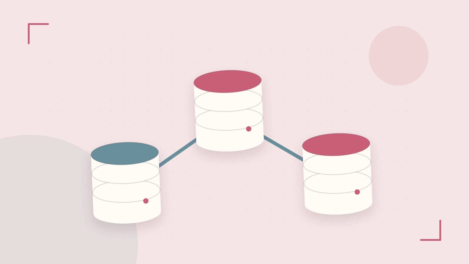Editorial illustration of structured records, database cylinders and relationships between tables