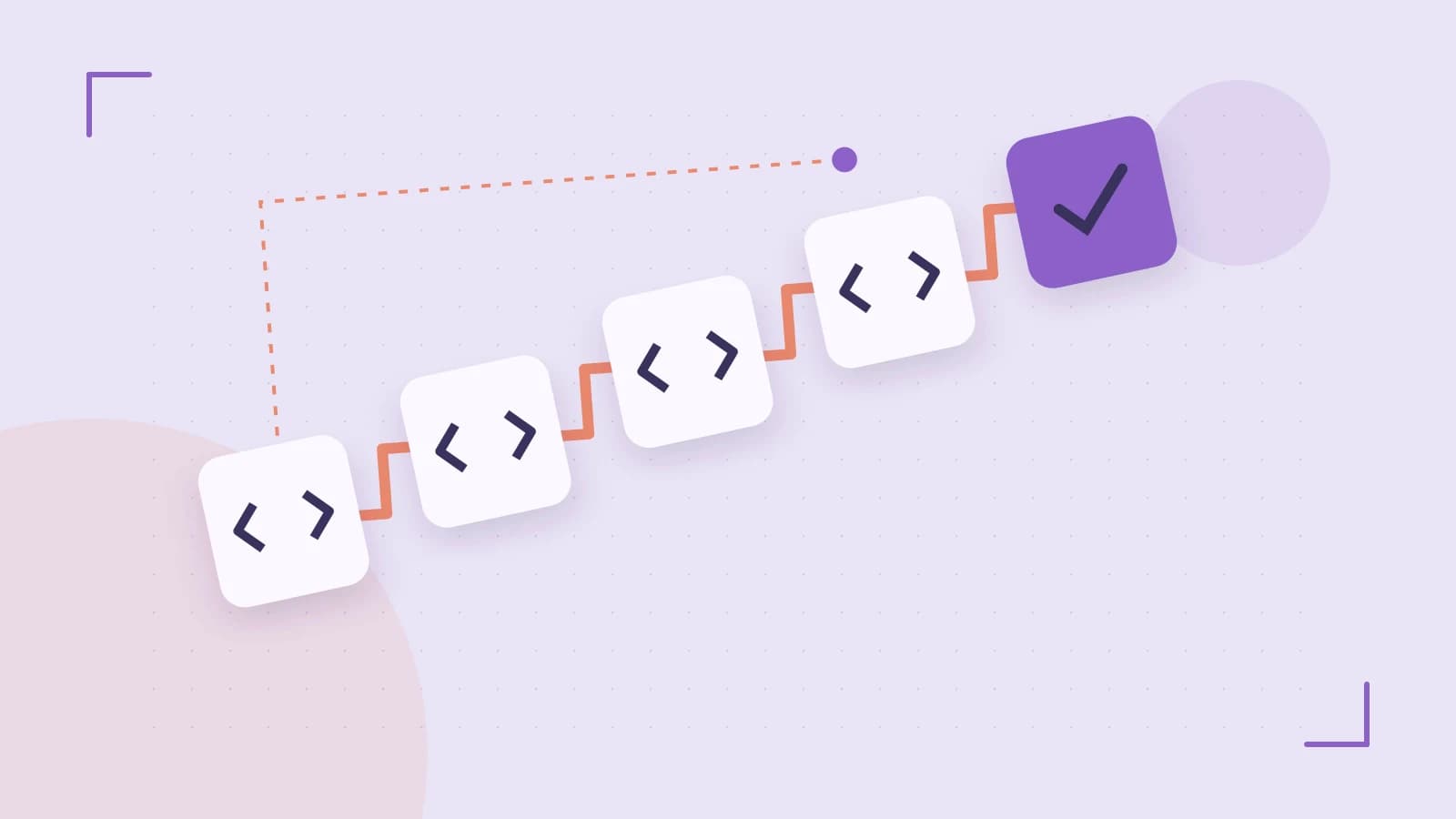 Editorial illustration of a branching build pipeline, staged transformations and a completed check