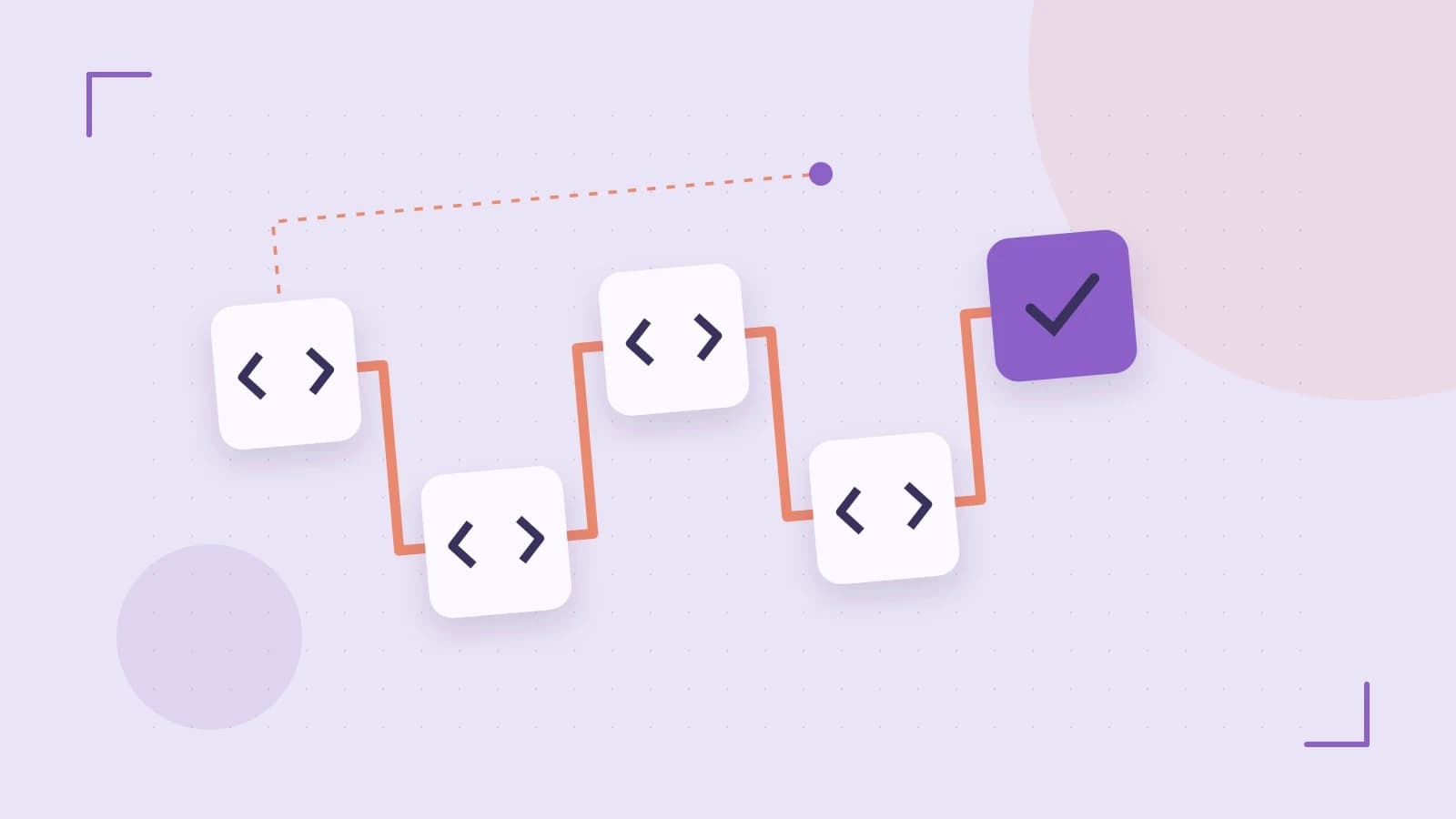 Editorial illustration of a branching build pipeline, staged transformations and a completed check