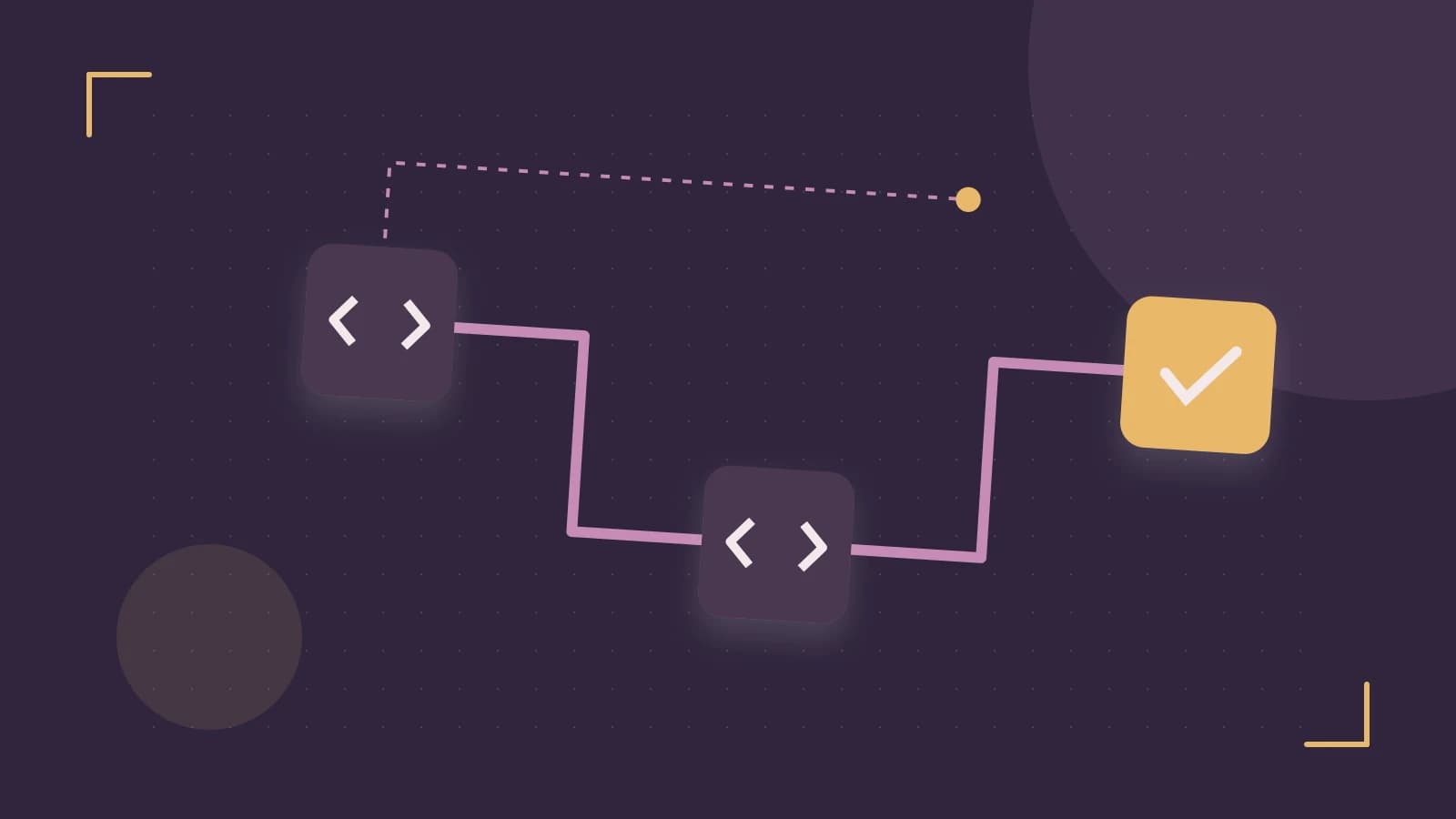 Editorial illustration of a branching build pipeline, staged transformations and a completed check