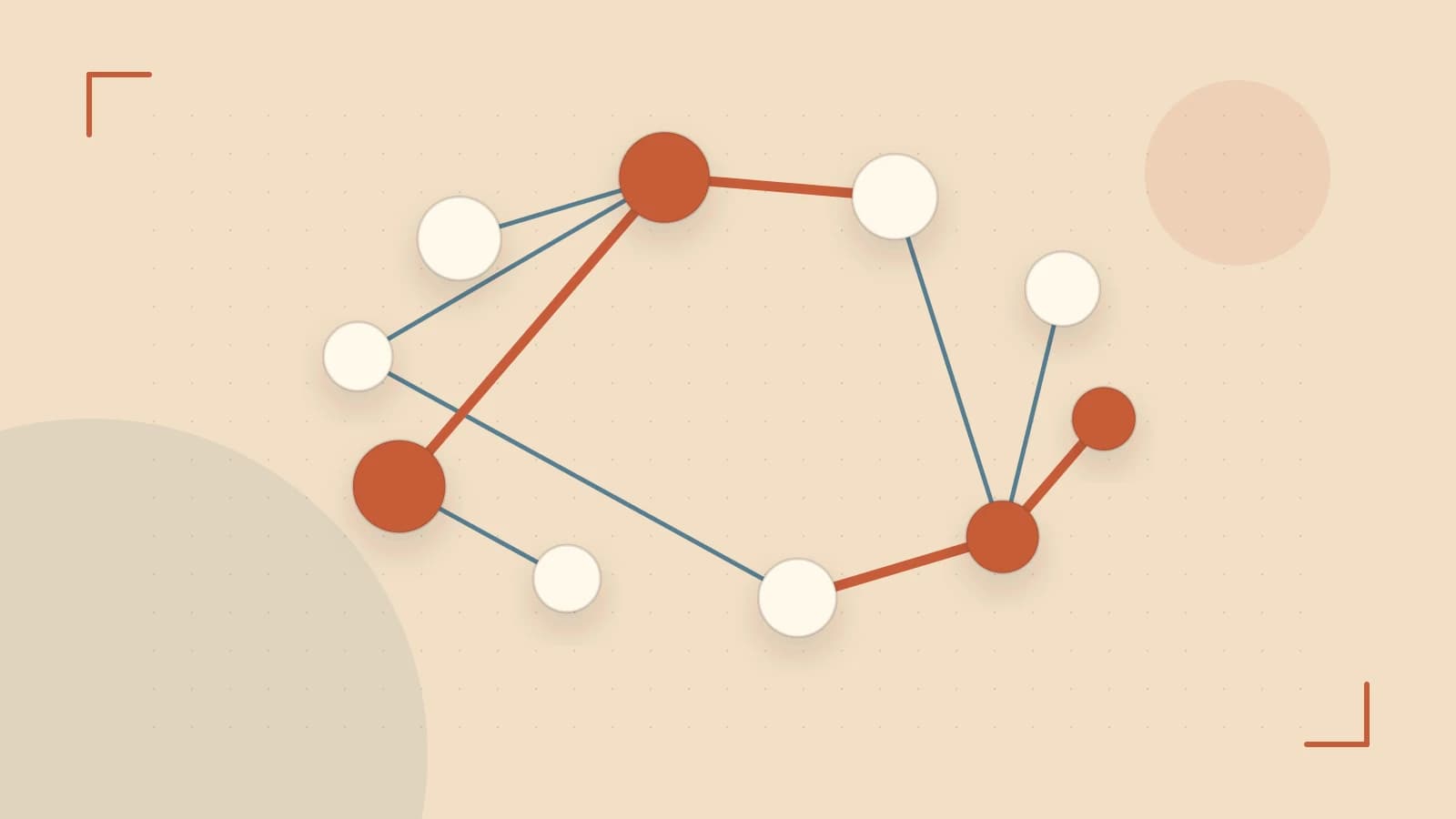 Editorial illustration of an algorithmic node graph with branching paths and a highlighted result