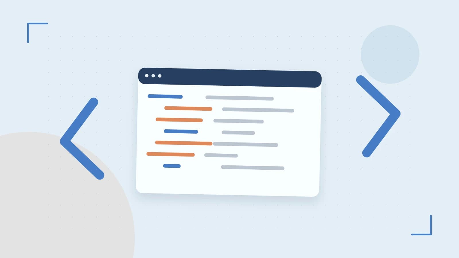 Editorial illustration of an abstract code editor, syntax blocks and oversized programming brackets