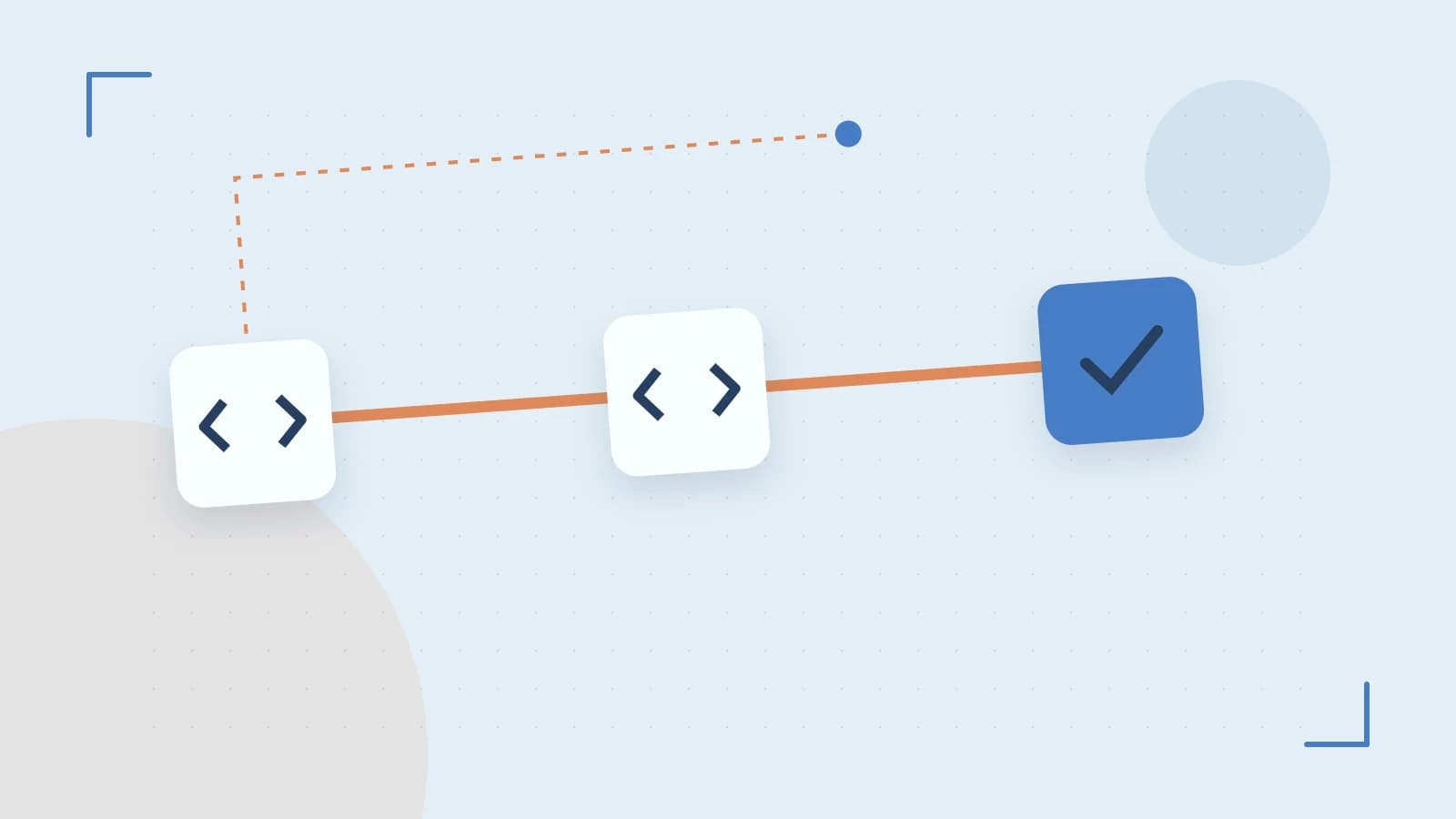 Editorial illustration of a branching build pipeline, staged transformations and a completed check