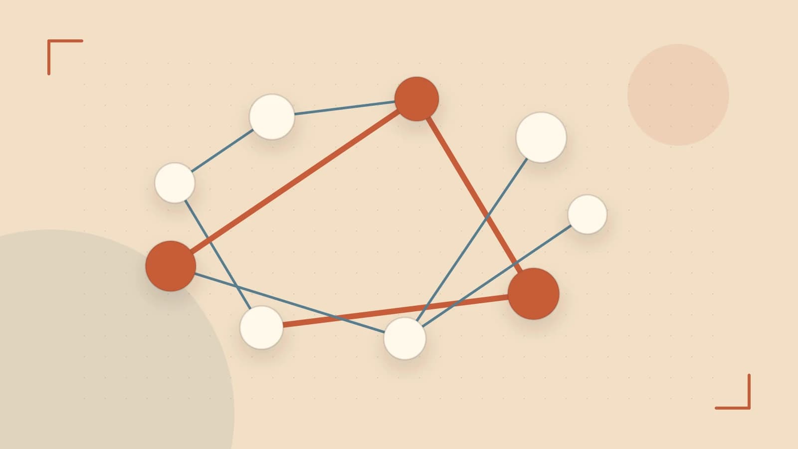 Editorial illustration of an algorithmic node graph with branching paths and a highlighted result