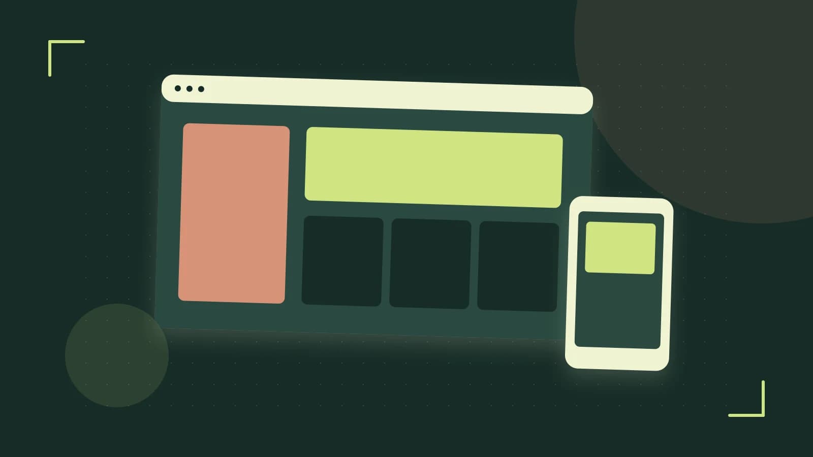Editorial illustration of responsive browser layouts, overlapping design components and a color system
