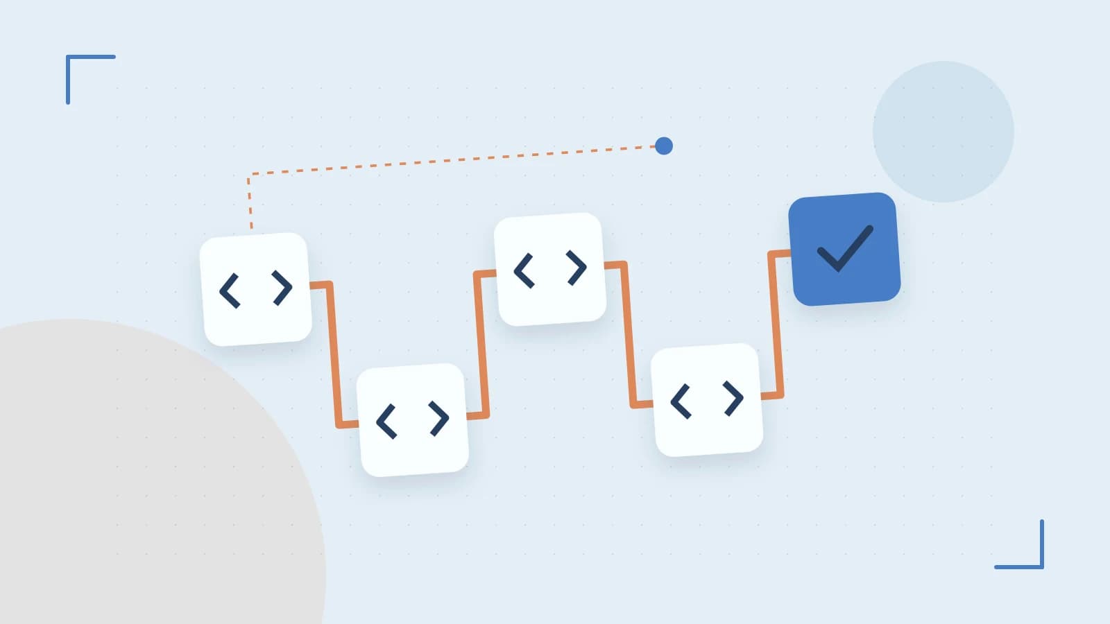Editorial illustration of a branching build pipeline, staged transformations and a completed check