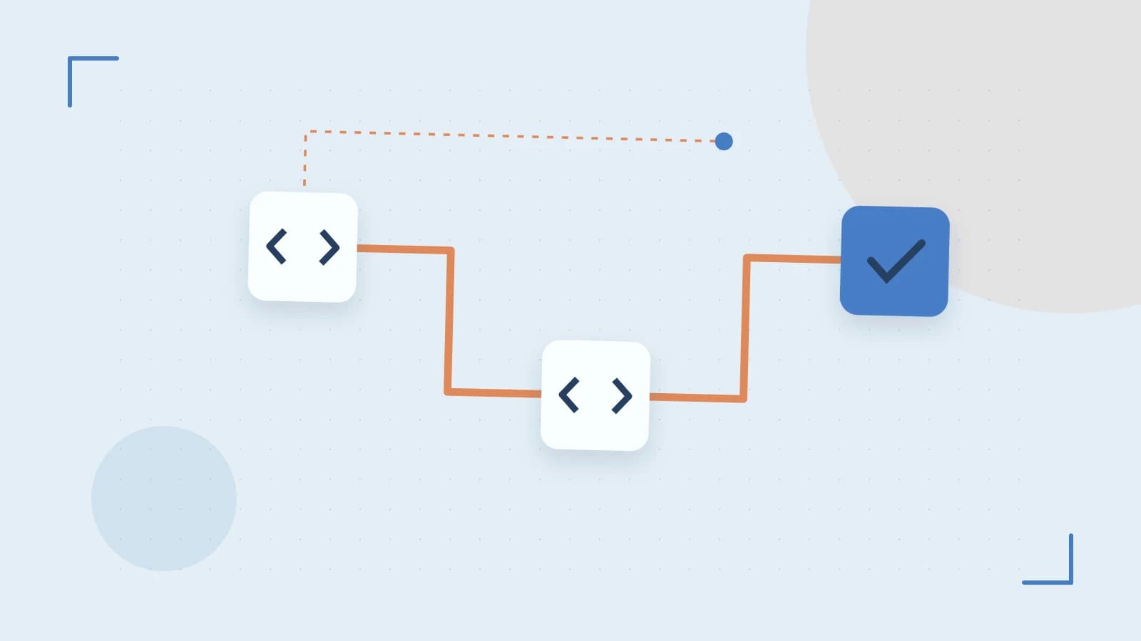 Editorial illustration of a branching build pipeline, staged transformations and a completed check